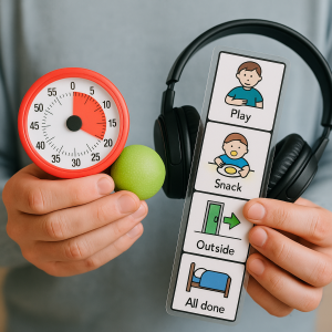Närbild av händer som håller ett visuellt schema, en timer, en grön stressboll och hörlurar – hjälpmedel vid arbete med autism.